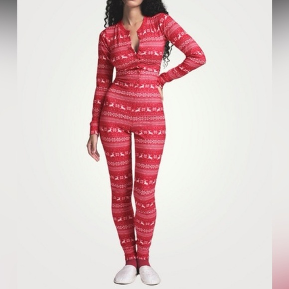 SKIMS Other - Skims Logo Plush Pointelle Henley Red Pajama Jumpsuit Women’s Sz M